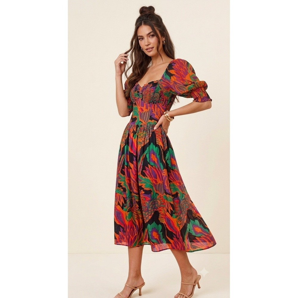 House of Harlow Tropical Floral Smocked Cotton Hi-Low Midi Dress XS Puff Sleeve